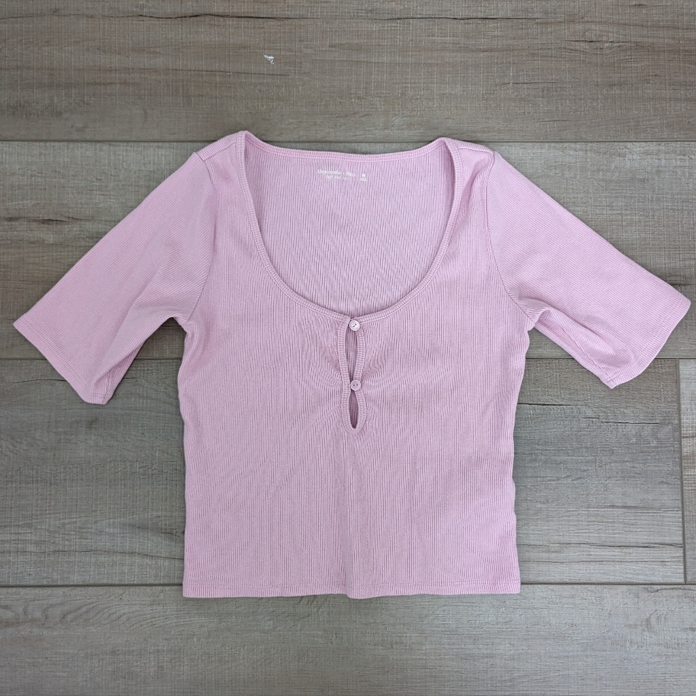 Abercrombie & Fitch Pink Ribbed Tie Front Top Medium